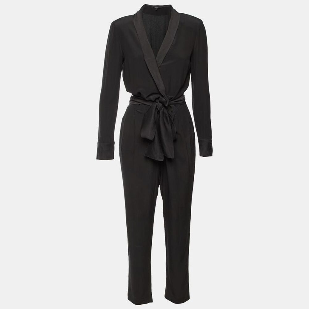 Gucci Black Silk Wrap Neck Long Sleeve Jumpsuit M